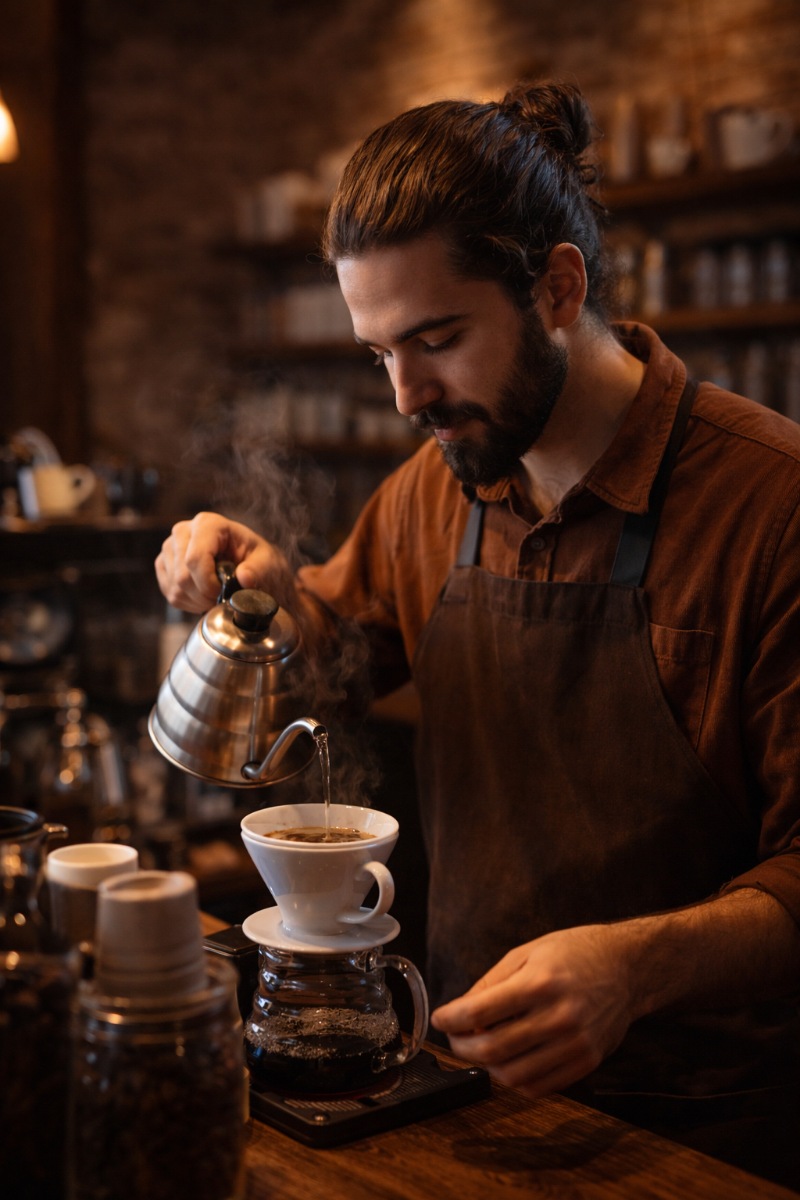 Alex smiling behind the counter at Ember and Oak