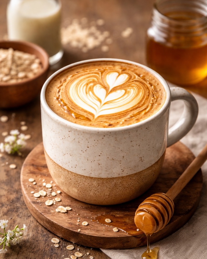 Honey Oat Latte with heart latte art in a ceramic mug