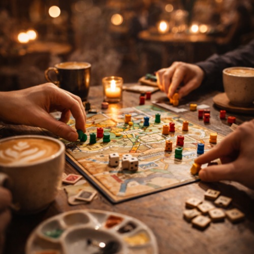 People playing board games at a cafe table
