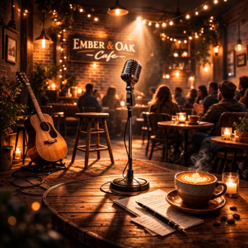 Microphone on a stand lit for open mic night