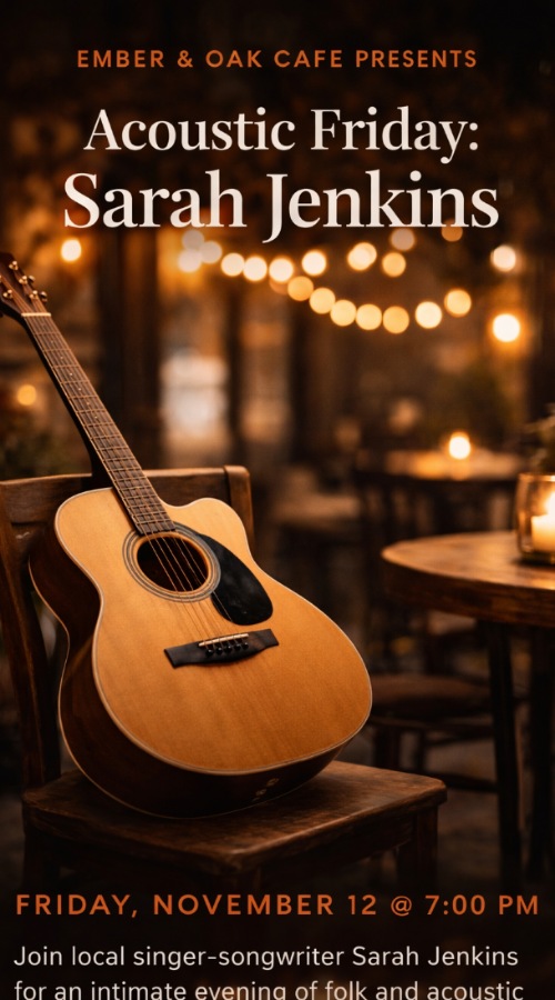 Sarah Jenkins performing acoustic guitar at the cafe