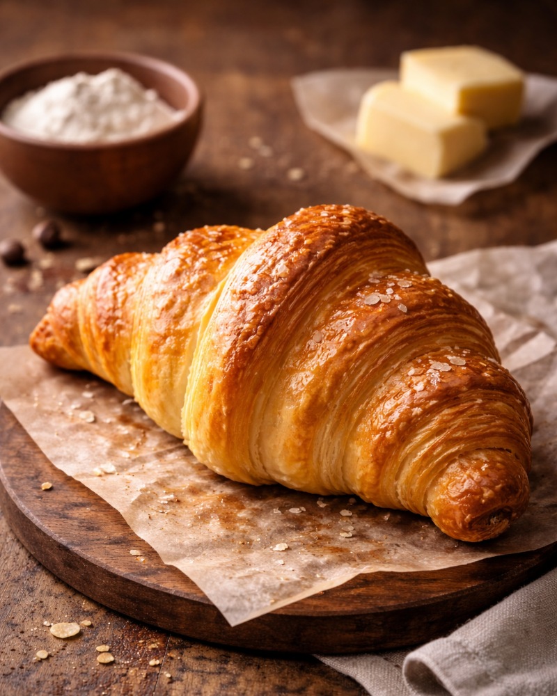 A flaky golden butter croissant on a wooden board